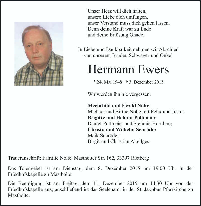  Traueranzeige für Hermann Ewers vom 05.12.2015 aus Die Glocke