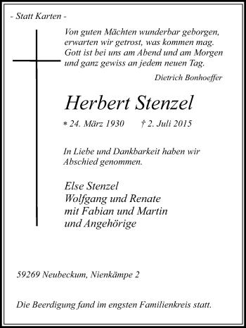 Traueranzeige von Herbert Stenzel von Die Glocke