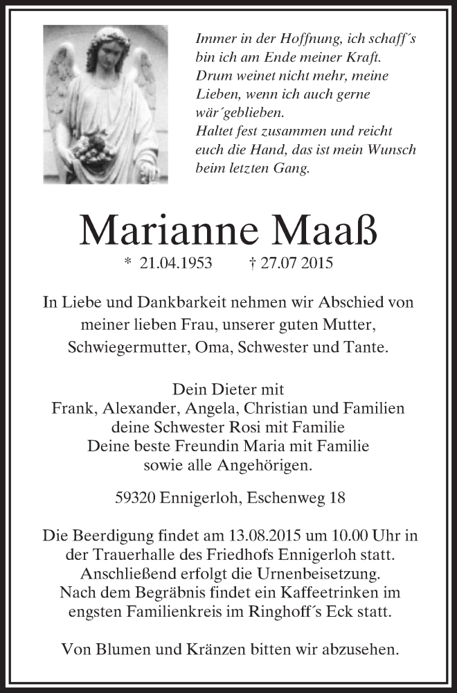  Traueranzeige für Marianne Maaß vom 08.08.2015 aus Die Glocke