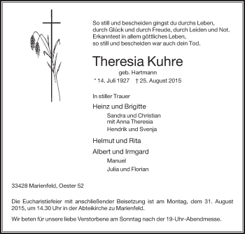Traueranzeige von Theresia Kuhre von Die Glocke
