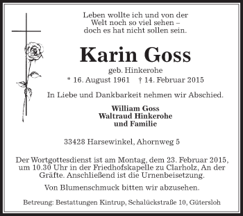 Traueranzeige von Karin Goss von Die Glocke