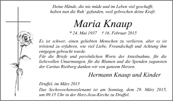 Traueranzeige von Maria Knaup von Die Glocke