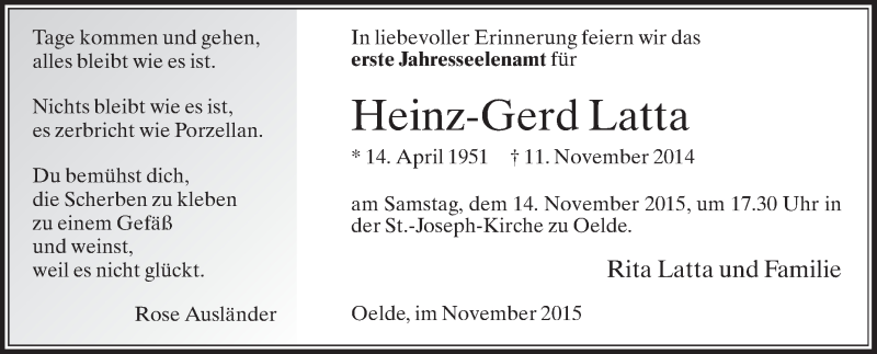  Traueranzeige für Heinz-Gerd Latta vom 07.11.2015 aus Die Glocke