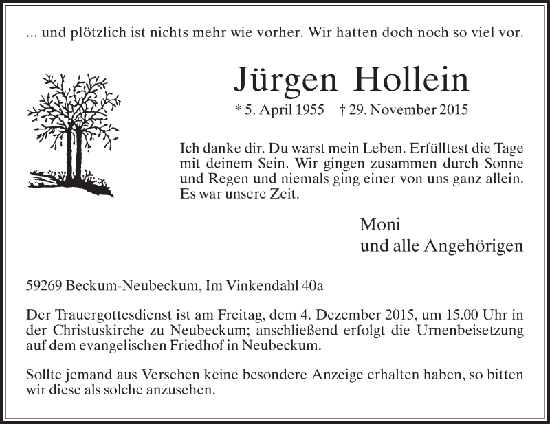  Traueranzeige für Jürgen Hollein vom 02.12.2015 aus Die Glocke