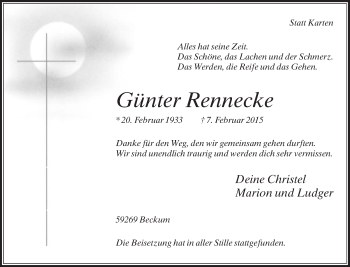 Traueranzeige von Günter Rennecke von Die Glocke