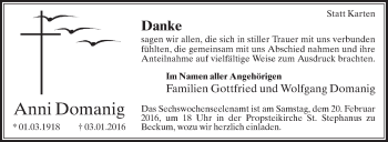Traueranzeige von Anni Domanig von Die Glocke