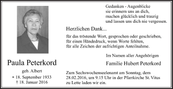 Traueranzeige von Paula Peterkord von Die Glocke