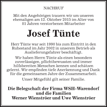 Traueranzeige von Josef Tünte von Die Glocke
