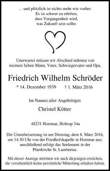 Traueranzeige von Friedrich Wilhelm Schröder von Die Glocke