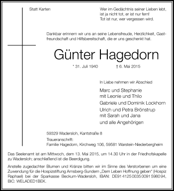 Traueranzeige von Günter Hagedorn von Die Glocke