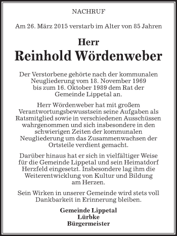 Traueranzeige von Reinhold Wördenweber von Die Glocke