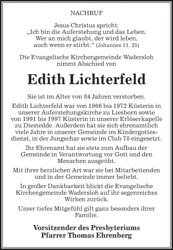 Traueranzeige von Edith Lichterfeld von Die Glocke