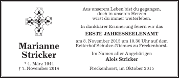 Traueranzeige von Marianne Stricker von Die Glocke