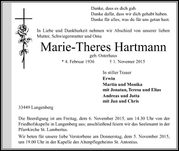 Traueranzeige von Marie-Theres Hartmann von Die Glocke
