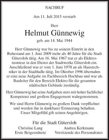 Traueranzeige von Helmut Günnewig von Die Glocke