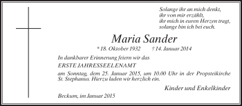 Traueranzeige von Maria Sander von Die Glocke