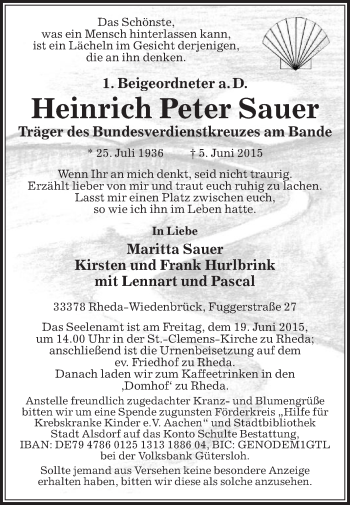 Traueranzeige von Heinrich Peter Sauer von Die Glocke