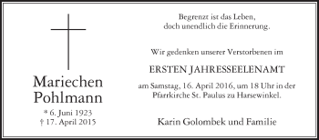 Traueranzeige von Mariechen Pohlmann von Die Glocke