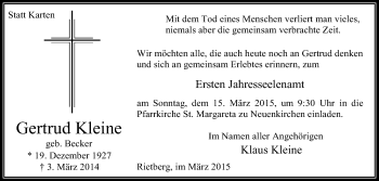 Traueranzeige von Gertrud Kleine von Die Glocke
