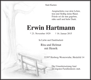 Traueranzeige von Erwin Hartmann von Die Glocke