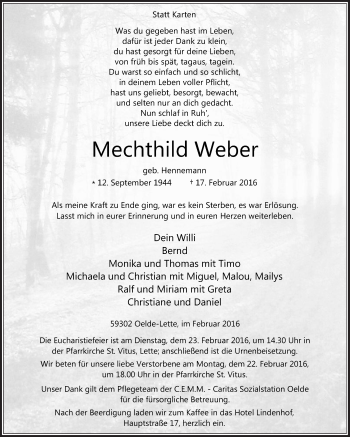 Traueranzeige von Mechthild Weber von Die Glocke