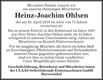 Traueranzeige von Heinz-Joachim Ohlsen von Die Glocke