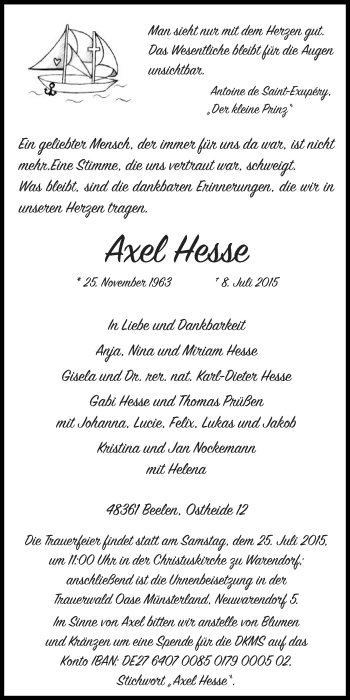 Traueranzeige von Axel Hesse von Die Glocke