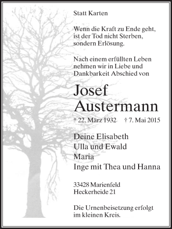 Traueranzeige von Josef Austermann von Die Glocke
