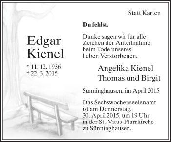 Traueranzeige von Edgar Kienel von Die Glocke