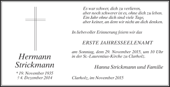 Traueranzeige von Hermann Strickmann von Die Glocke