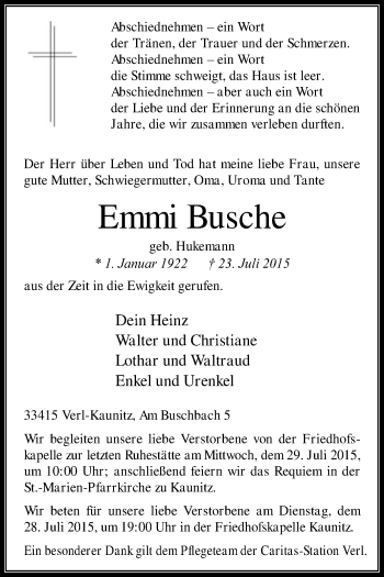 Traueranzeige von Emmi Busche von Die Glocke