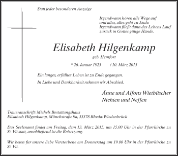 Traueranzeige von Elisabeth Hilgenkamp von Die Glocke