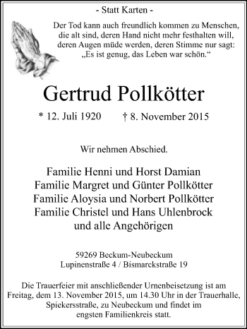 Traueranzeige von Gertrud Pollkötter von Die Glocke