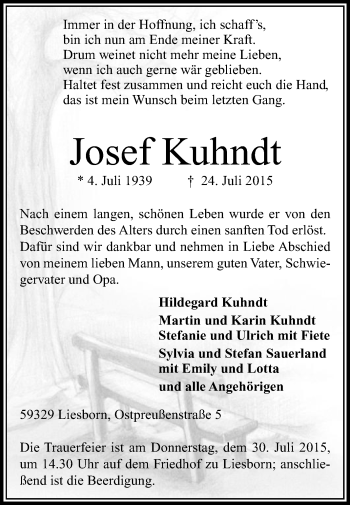 Traueranzeige von Josef Kuhndt von Die Glocke