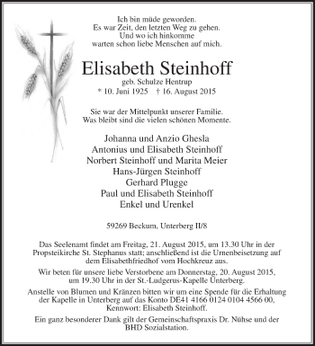 Traueranzeige von Elisabeth Steinhoff von Die Glocke