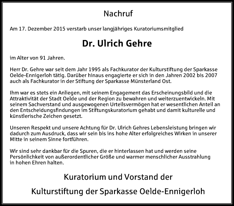 Traueranzeige für Ulrich Gehre vom 29.12.2015 aus Die Glocke