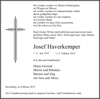 Traueranzeige von Josef Haverkemper von Die Glocke