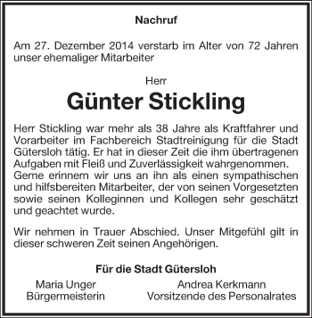 Traueranzeige von Günter Stickling von Die Glocke