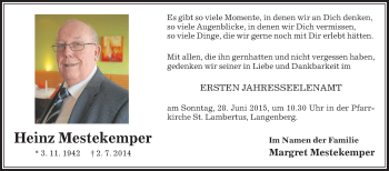 Traueranzeige von Heinz Mestekemper von Die Glocke