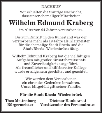 Traueranzeige von Wilhelm Edmund Kraberg von Die Glocke