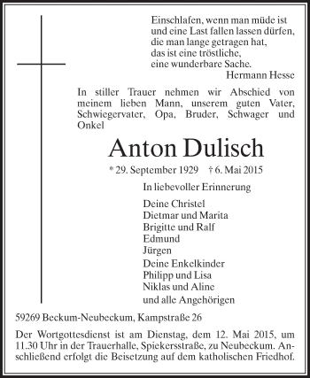 Traueranzeige von Anton Dulisch von Die Glocke