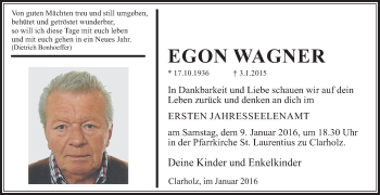 Traueranzeige von Egon Wagner von Die Glocke