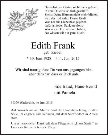 Traueranzeige von Edith Frank von Die Glocke