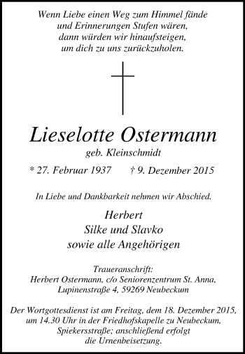Traueranzeige von Lieselotte Ostermann von Die Glocke