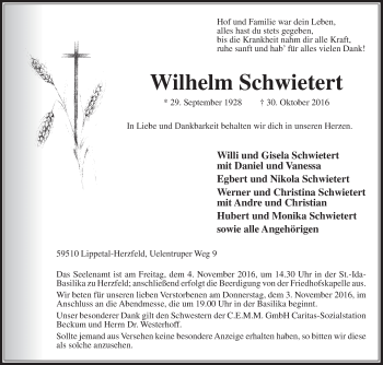 Traueranzeige von Wilhelm Schwietert von Die Glocke