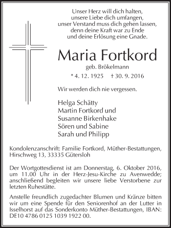 Traueranzeige von Maria Fortkord von Die Glocke