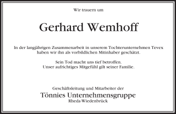 Traueranzeige von Gerhard Wemhoff von Die Glocke