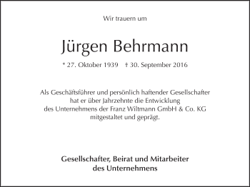 Traueranzeige von Jürgen Behrmann von Die Glocke