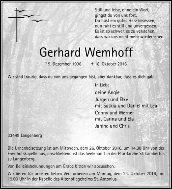 Traueranzeige von Gerhard Wemhoff von Die Glocke