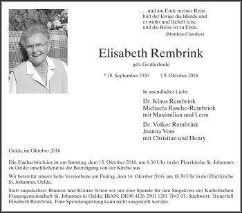 Traueranzeige von Elisabeth Rembrink von Die Glocke